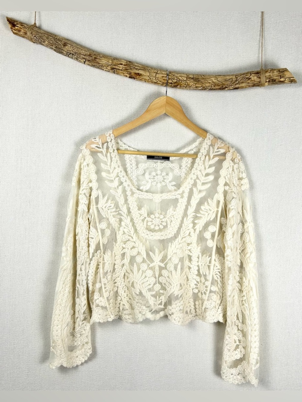 Dolce Vita - Cream Crochet Lace Boho Top Sheer Long Sleeve Festival